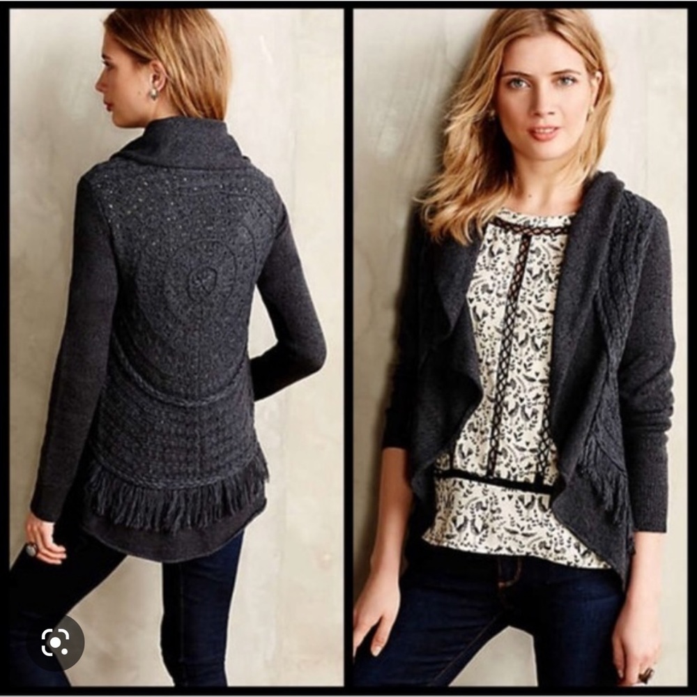 Anthropologie Knitted Knotted Fringed Circle Cardigan Sweater Gray L (Fits Small